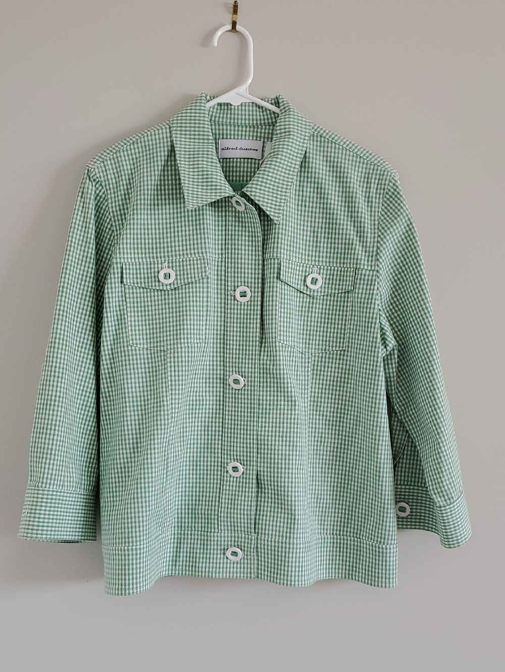 Alfred Dunner Mint Green Gingham Button Spring Summer 3/4 Sleeve Jacket Sz 10